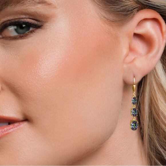 18K Yellow Gold with 6.35 Cttw 3 Stone Green Mystic Topaz Leverback Earrings - Picture 3 of 5